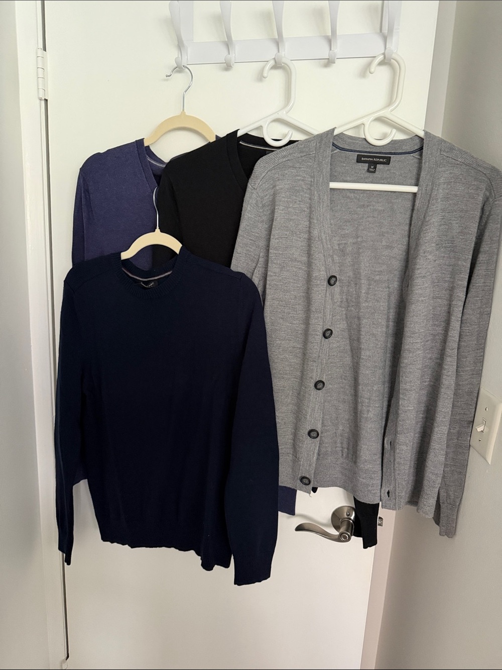 Lot of 4 - Banana Republic Gray Cardigan + Navy, Black, Purple Sweaters (Worn)